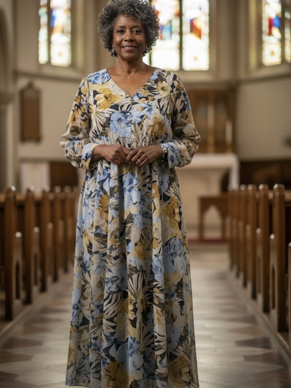 Enfocus Studio Blue & Mustard Floral V‑Neck Maxi Dress